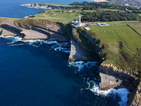 Aerial view of Faro Cabo Mayor lighthouse in Santander city, Cantabria region of Spainの写真素材