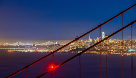 San Francisco Golden Gate Bridge and City Skyline Over the Bay at Blue Hourの写真素材