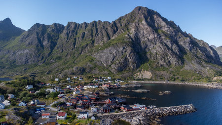 Lofoten Islands Norway, summer scenery with traditional fisherman cabins in the historic village of A, Norwayの写真素材
