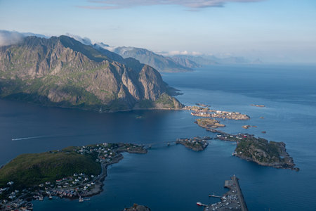 Reine from Reinebringen,view on stunning mountains of Lofoten islands, Norway