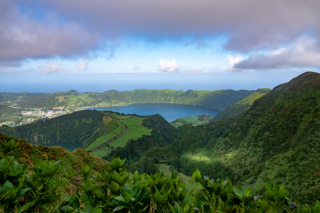 View of Sete Cidades near Miradouro da Grota do Inferno viewpoint, Sao Miguel Island, Azores, Portugalの写真素材