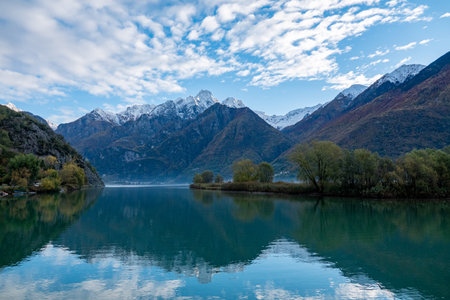 Como lake during autumn near Bellagio, Italyの写真素材