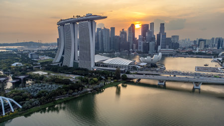 Aerial view Singapore city landscape skyline and skyscraper at sunsetの写真素材