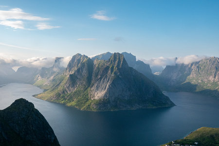 Reine from Reinebringen,view on stunning mountains of Lofoten islands, Norwayの写真素材