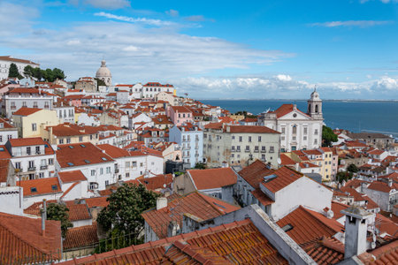 View of the cityscape of Lisbon, Portugal, with Sao Jorge Castle and the red roofes of the Alfama districtの写真素材