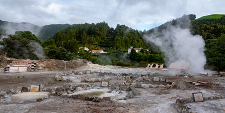 Fumaroles in Furnas Hot Springs, Sao Miguel Island, Azores, Portugalの写真素材