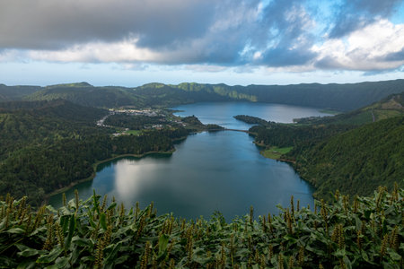 View of Sete Cidades near Miradouro da Grota do Inferno viewpoint, Sao Miguel Island, Azores, Portugalの写真素材