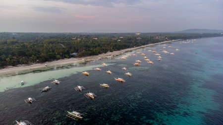Aerial view of the beach with fishing boats in Bohol, Philippinesの写真素材