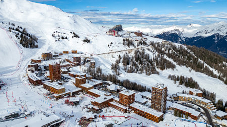 Aerial view of Skiing area of Paradiski, La Plagne, France Alpesの写真素材