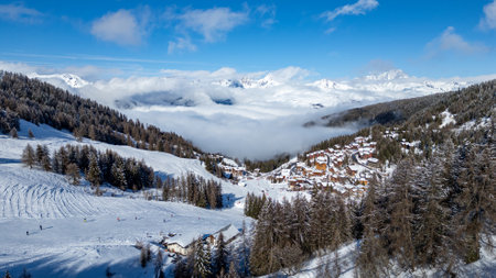 Aerial view of Skiing area of Paradiski, La Plagne, France Alpesの写真素材