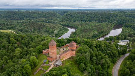 Colorful forest hills , river Gauja and Turaida castle in Summer in Sigulda, Latviaの写真素材