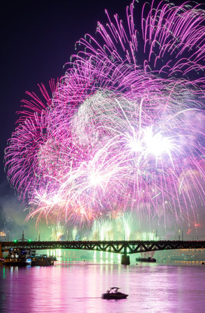 Colorful fireworks over river Danube in Budapest, Hungaryの写真素材
