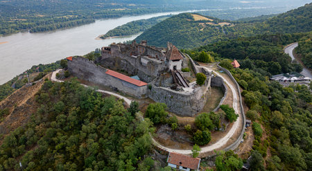 Aerial view of Visegrad castle in Hungary, next to Danube river in Danube bendの写真素材