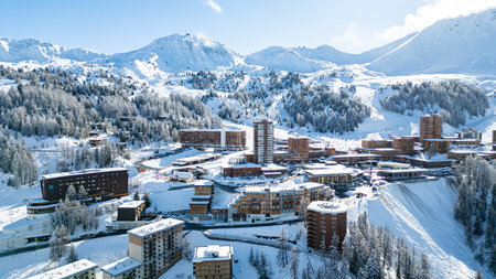 Aerial view of Skiing area of Paradiski, La Plagne, France Alpesの写真素材