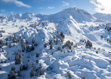 Aerial view of Skiing area of Paradiski, La Plagne, France Alpesの写真素材