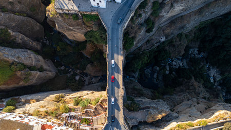Aerial view of Ronda landscape and buildings with Puente Nuevo Bridge, Andalusia, Spainの写真素材