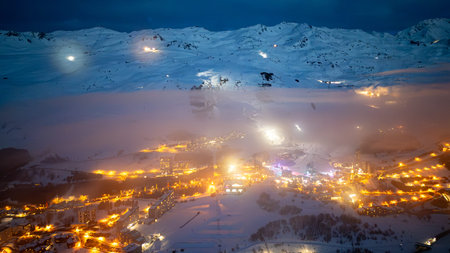 Aerial view of Les Menuires in Les Trois Vallees or The 3 Valleys at sunset