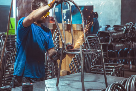 08/06/2021, Almaty, Almaty region, Kazakhstan. An employee at the factory processes metal, sparks flyのeditorial素材