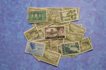 Stamps from Canada on blue backgroundの写真素材