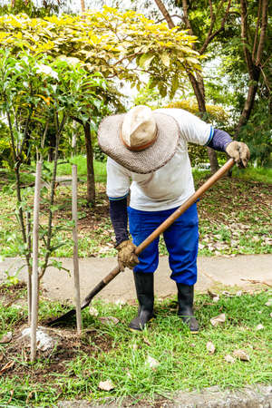 adult gardener man with shovel and hat mowing and trimming garden grass in countryside