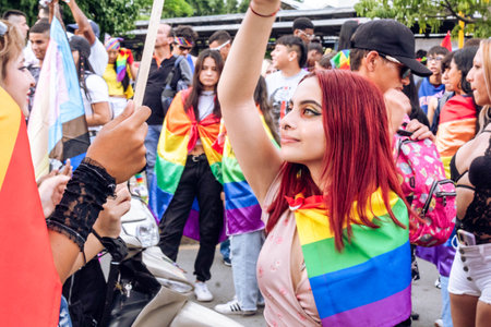 lesbian red hair girl dancing in pride lgbt for their rights in the cityのeditorial素材