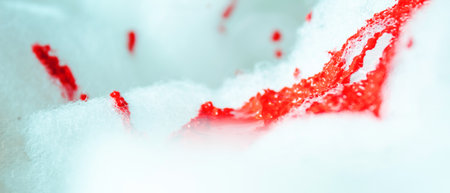 Artistic texture of red paint falling in foam, puddle and blood falling in foam for Halloween horror...