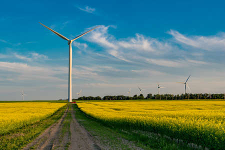 Swift Current, SK/Canada- July 15, 2019: A red SUV below a wind turbine at the end of a road in a canola fieldのeditorial素材
