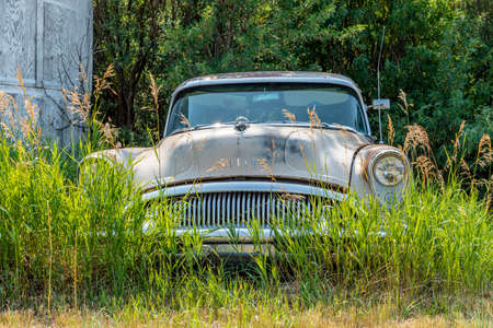 Gull Lake, SK- Joly 22, 2021:  Abandoned vintage Buick car surrounded by tall grass on the Saskatchewan prairiesのeditorial素材