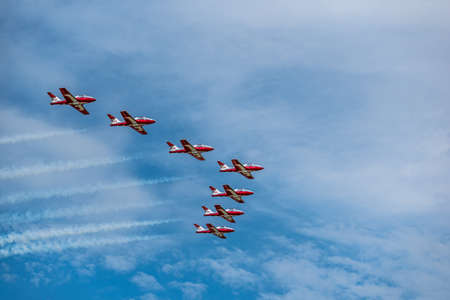 Moose Jaw, Saskatchewan, Canada- July 7, 2019: Royal Canadian Air Force Snowbirds performing at the Saskatchewan Airshowのeditorial素材