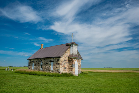The Old Stone Church outside Abernethy, Saskatchewan, built in 1892 entirely of fieldstoneの写真素材