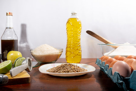 Set of different foods on antique wooden background, vegetables, pasta, fruit, eggs, balanced diet. Latin food.の写真素材