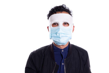Man wearing white mask with a face mask. Isolated on white background. Costumes for covid....