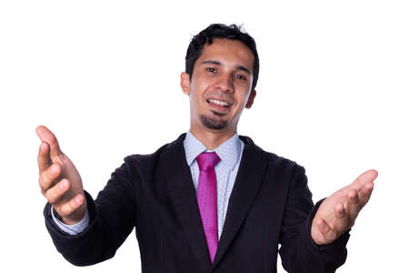 Very happy businessman with open arms, isolated on white background. Young business man wants a hug.の写真素材