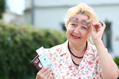 Closeup portrait of a happy mature womanの写真素材