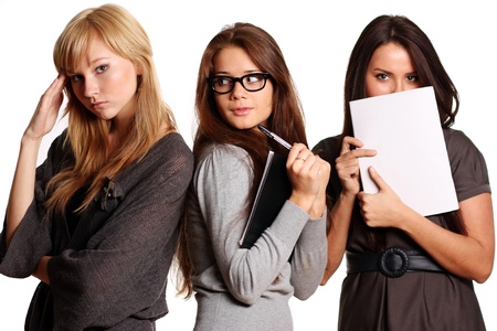 Young women reading book isolated on white の写真素材
