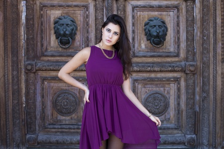 Young beautiful woman in a burgundy dress on a background of wooden gatesの写真素材