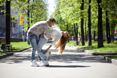 Portrait of love couple embracing outdoorの写真素材