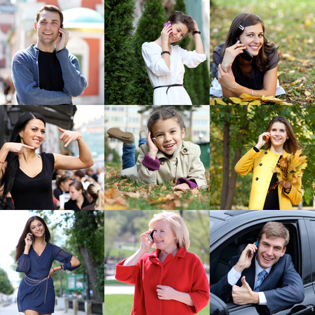 Happy people calling by mobile phoneの写真素材