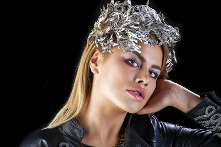 Fashion portrait of sensual blond female with hair style, isolated on dark backgroundの写真素材