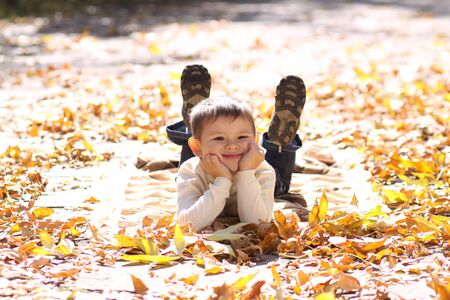 5 years old child lying on the golden leafの写真素材