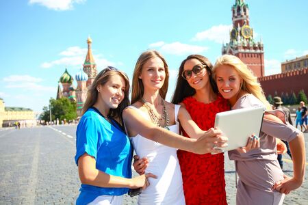 Selfie Four women at the red square in Moscowの写真素材