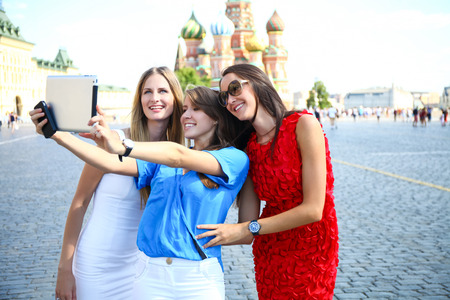 Selfie three women at the red square in Moscowの写真素材