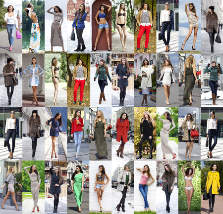 Collage different models in fashionable clothes for the seasons, outdoorsの写真素材