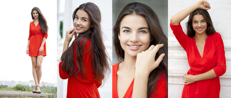 Beautiful young woman in red dress against the background of a block of stone wall