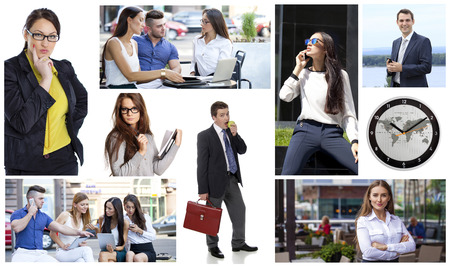 Business collage made of many different pictures about finances, time, money.の写真素材