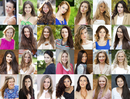 Collection of 28 different caucasian happy womenの写真素材