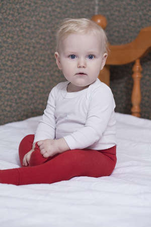 Closeup ten month  baby blonde boyの写真素材