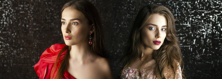Collage two women. Portrait of Young brunette girls on dark studio wall background