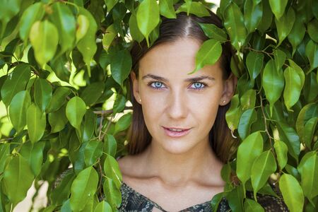 Portrait of a beautiful young woman on a background of green leaves, summer outdoorsの写真素材