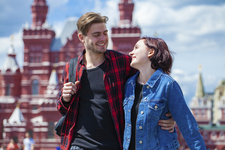 Beautiful young couple on a walk in the city, Moscow, Russiaの写真素材